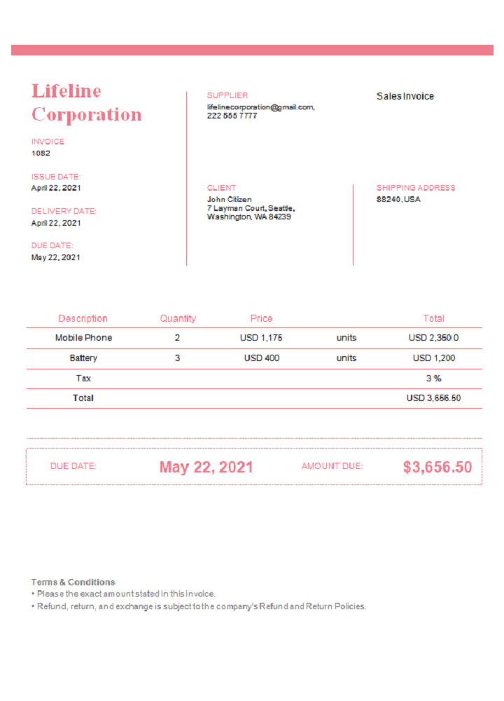 USA Lifeline Corporation invoice template in Word and PDF format, fully editable, version 2